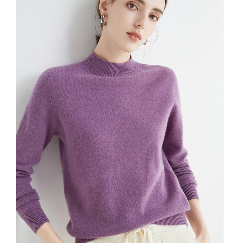 100% Wool Ladies Sweater Half Turtleneck Cashmere Sweater Knit Fashion Korean Style Ladies Pullover Regular Style Ladies Sweater