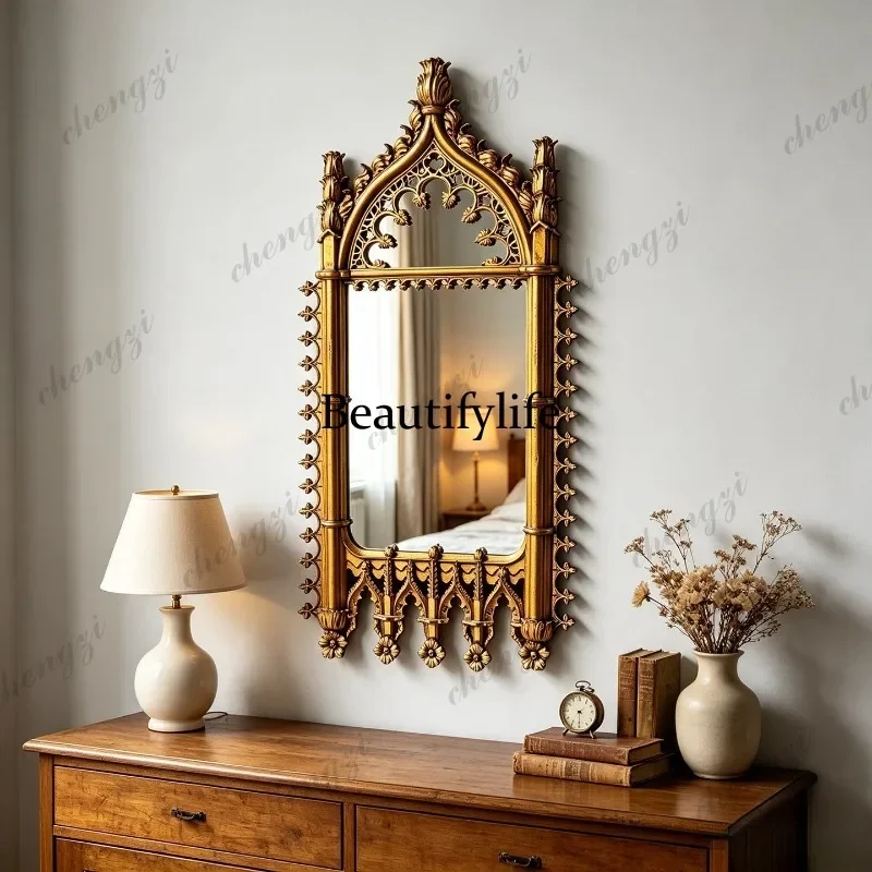 Gothic retro gilt carved wall mirror court makeup mirror bedroom porch decorative dressing mirror