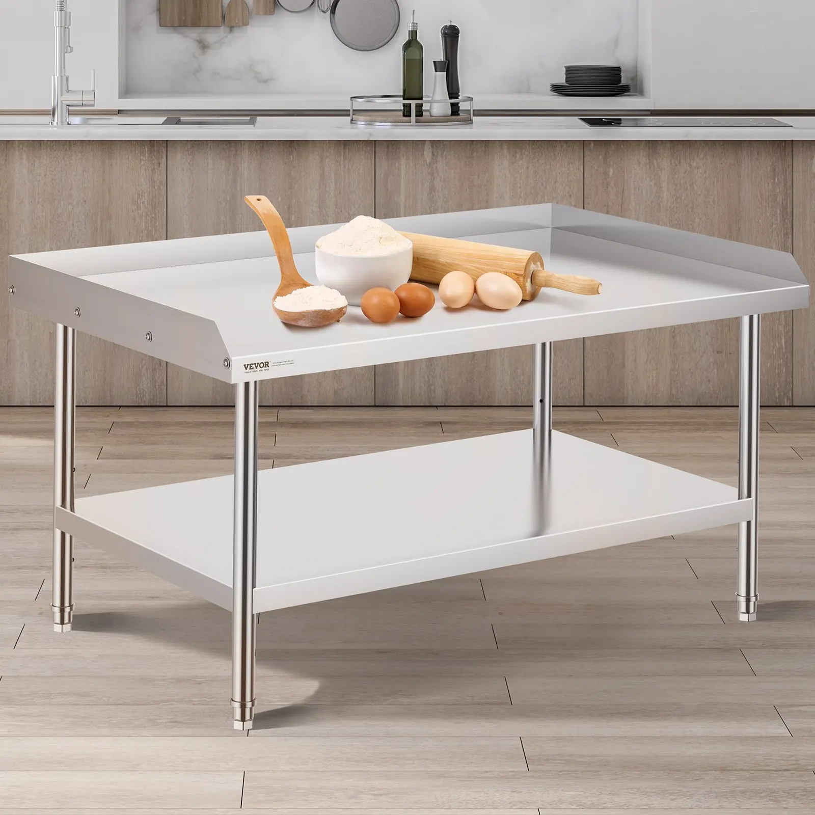 Stainless Steel Work Table, 30 X 48 X 26 Inch Commercial Food Prep Worktable, 3-Sided Backsplash Heavy Duty Prep Worktable,