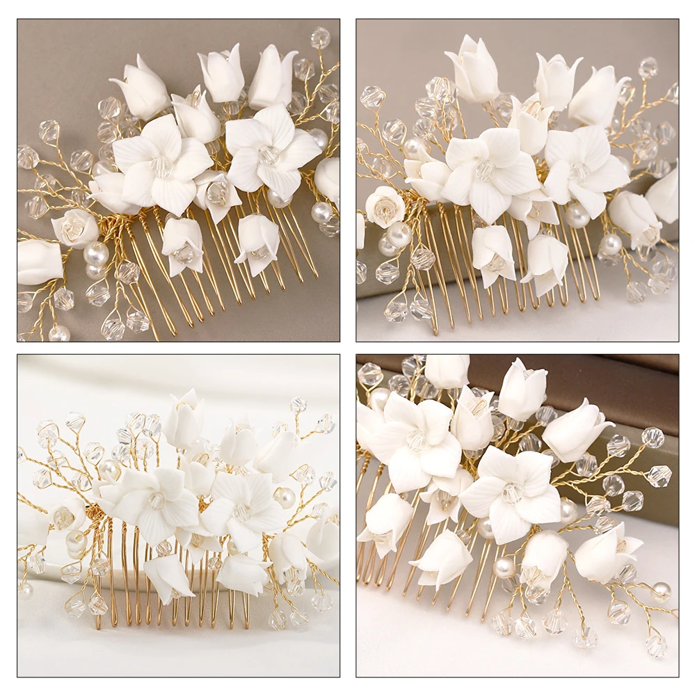 

Crystal Flower Hair Accessories Rhinestone Side Combs Wedding Bridal Ribbon Barrettes For Bride Party Special Occasions Zinc