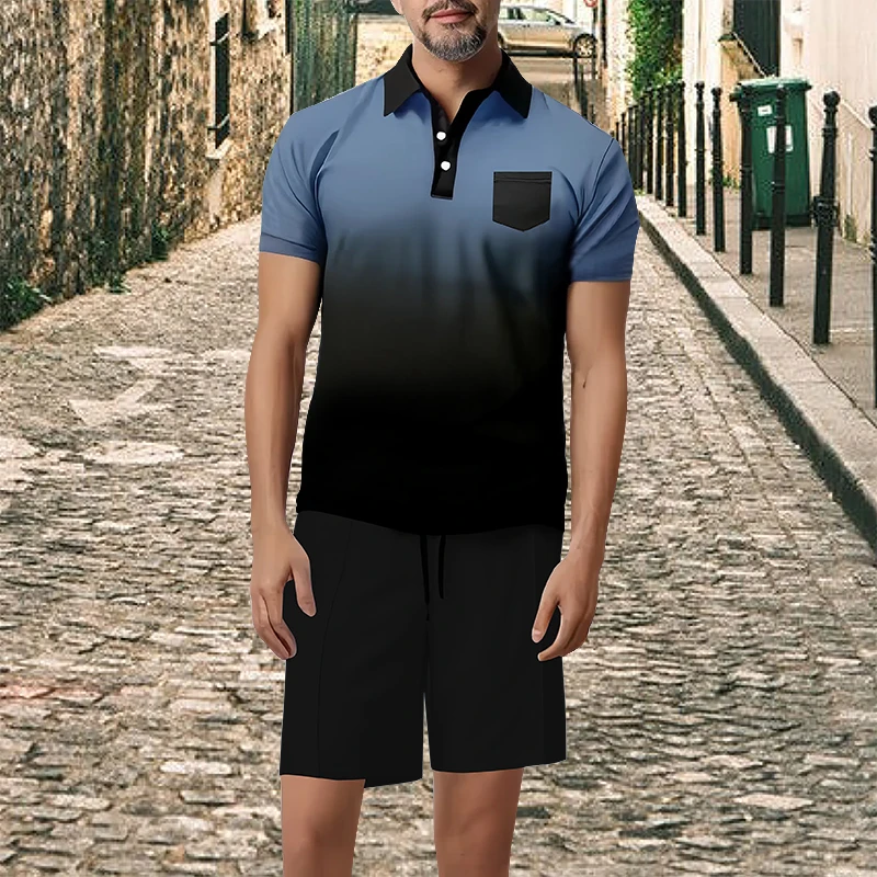 

Men's short sleeved set street casual sportswear outdoor jogging training suit pocket polo shirt top+shorts 2-piece set