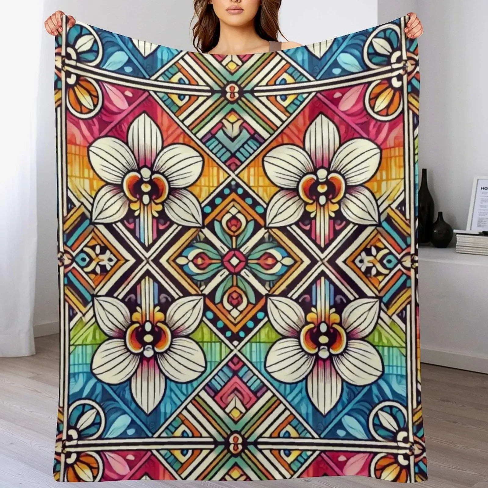 

Tribal Flower Neon Orchid Design Throw Blanket Warm Napping Blanket for Office Couch Bed
