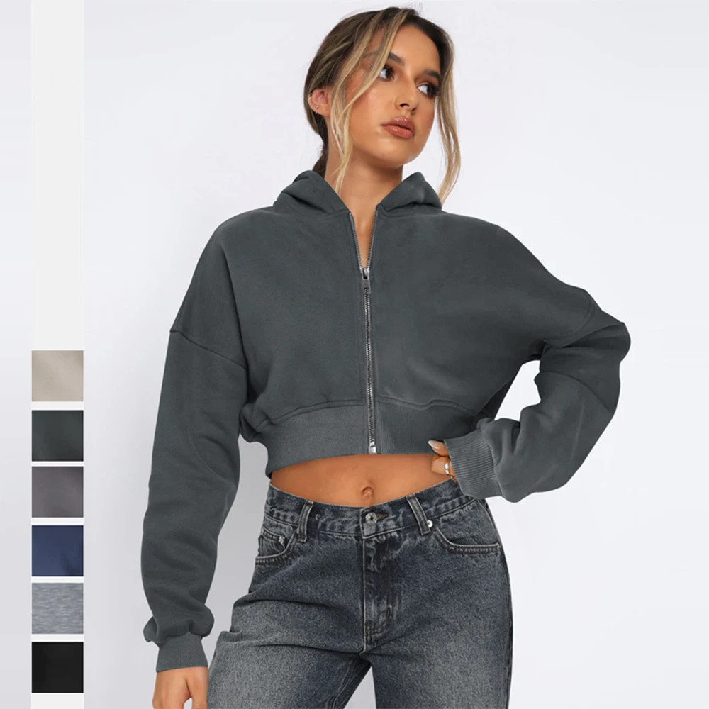 سترة بغطاء للرأس مقصوصة بسحاب من Street Wear كاجوال بأكمام طويلة وفضفاضة، سترة كاجوال قصيرة للنساء