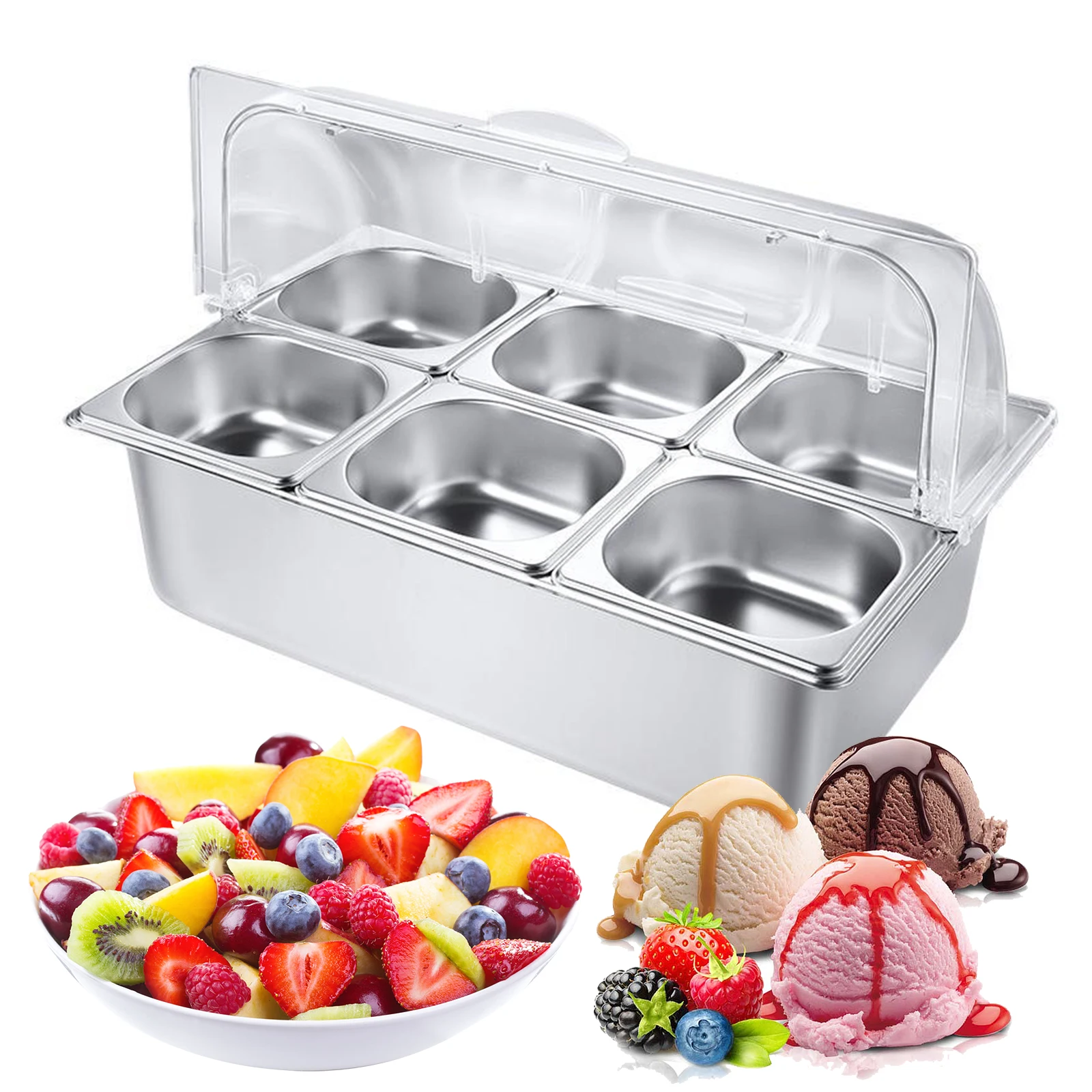 6 Pan Countertop Food Serving Display Container Stainless Steel Buffet Condiment Dispenser for Restaurant Hotel Kitchen Party