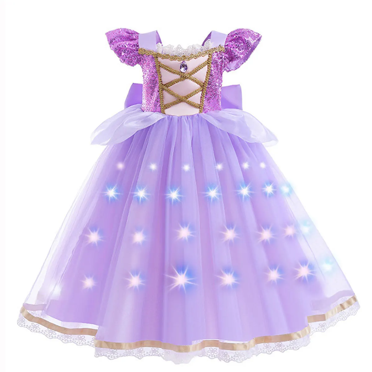 Rapunzel Purple Short Sleeves Tutu Skirt Lace Color Led  Dress Cartoon Role Play Costume Kids Halloween Party Ball Gown