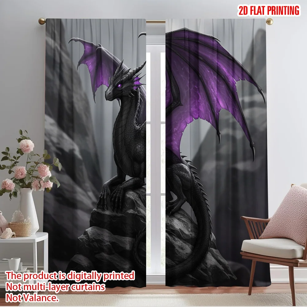 2pcs 2D flat printing Window Curtains Purple Flying Dragon Polyester Without Electricity Family Party Use for Home & Party