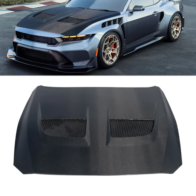 

Подходит для 24 Ford Mustang, крышка двигателя из углеродного волокна Mustang, охлаждающий капот с двумя отверстиями, окруженный