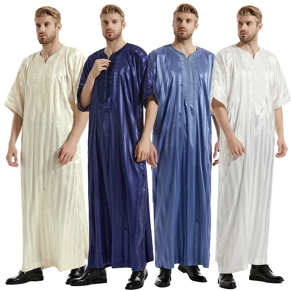 Arabia Saudita Strisce Veste Uomo Musulmano Jubba Thobe Djellaba Abbigliamento Islamico Eid Ramadan Thoub Abaya Caftano Ricamo Abaya Abito