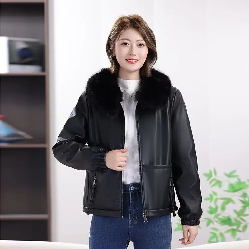 Damenjacken Herbst/Winter Lässige Mode Joker Gerade Mit Pelzkragen Reißverschluss Plus Samt Lederjacke Leder Damenmantel
