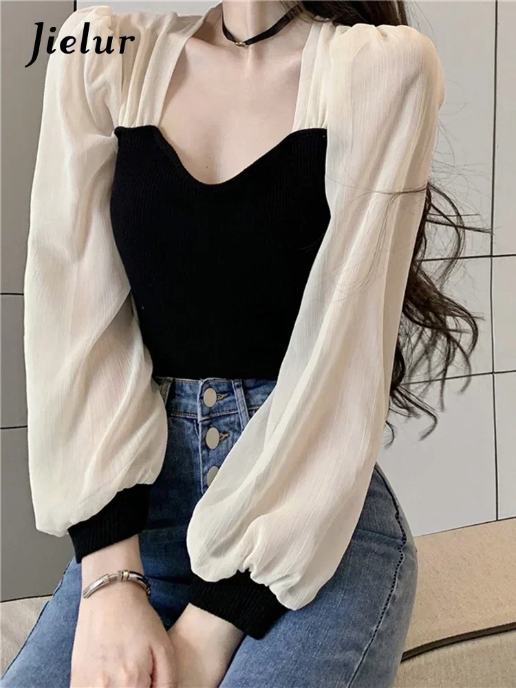 

Jielur осенне-зимняя рубашка с квадратным воротником, женская рубашка с рукавами-фонариками, тонкий свитер, блузка, женская цветная модная элегантная женская рубашка