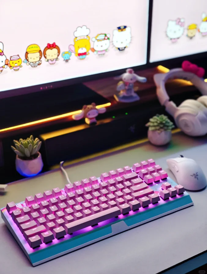 

Full New Razer Kitty Gaming Keyboard 87 keys Cartoon KT Cat Pink LED Backlight Wired Mechanical Game Keyboard for Girl