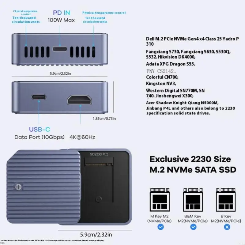 

CORA Actacd M.2 Приводной корпус 10 Гбит / с USB 3.2 4K HDTV Зарядка для 2230 NVME SATAS SSDS SYSTER