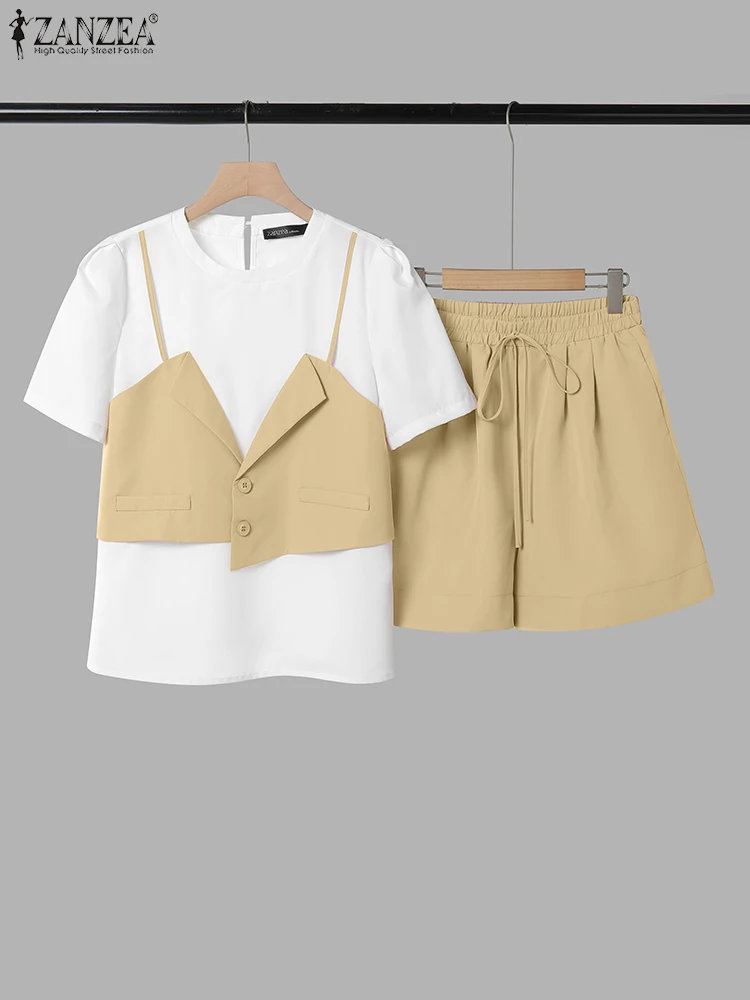 

ZANZEA Elegant OL Work Suits Women Short Sets Casual Patchwork T-Shirts Loose Shorts 2025 Summer Fashion Matching Sets Oversized