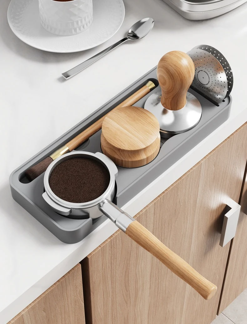 Rutschfeste Silikon-Kaffeestampfer-Unterlage mit Aufbewahrungshalter für Espresso-Zubehör und Kaffeesatz-Verteiler – Detail 6
