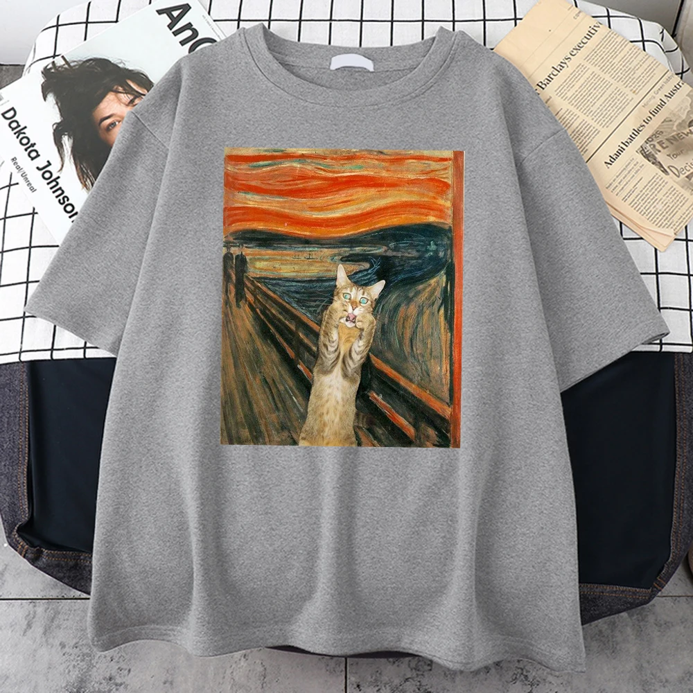 The Scream Art Style Retort Cat Printing Mens T-Shirts Fashion S-Xxxl Tshirt Simplicity Casual Tee Shirts Cool Loose Men\'s Tops