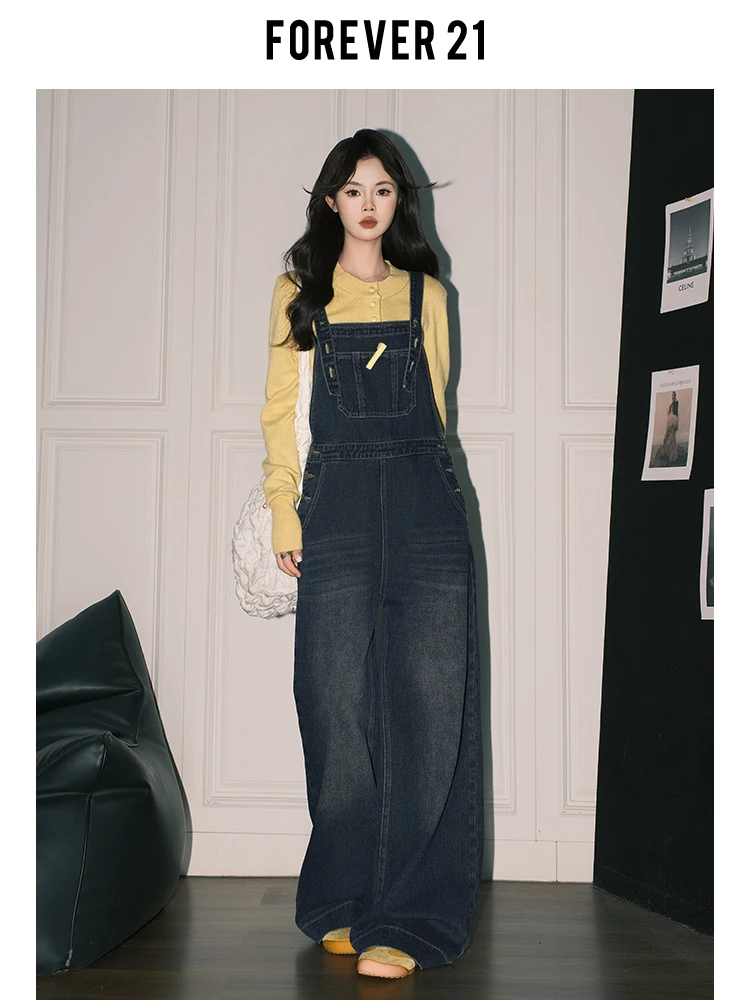 

Forever 2 American Sle Deep Blue Wide Leg Denim Overalls Women's Autumn Loose Straight Cut Youthful One-Piece Pants