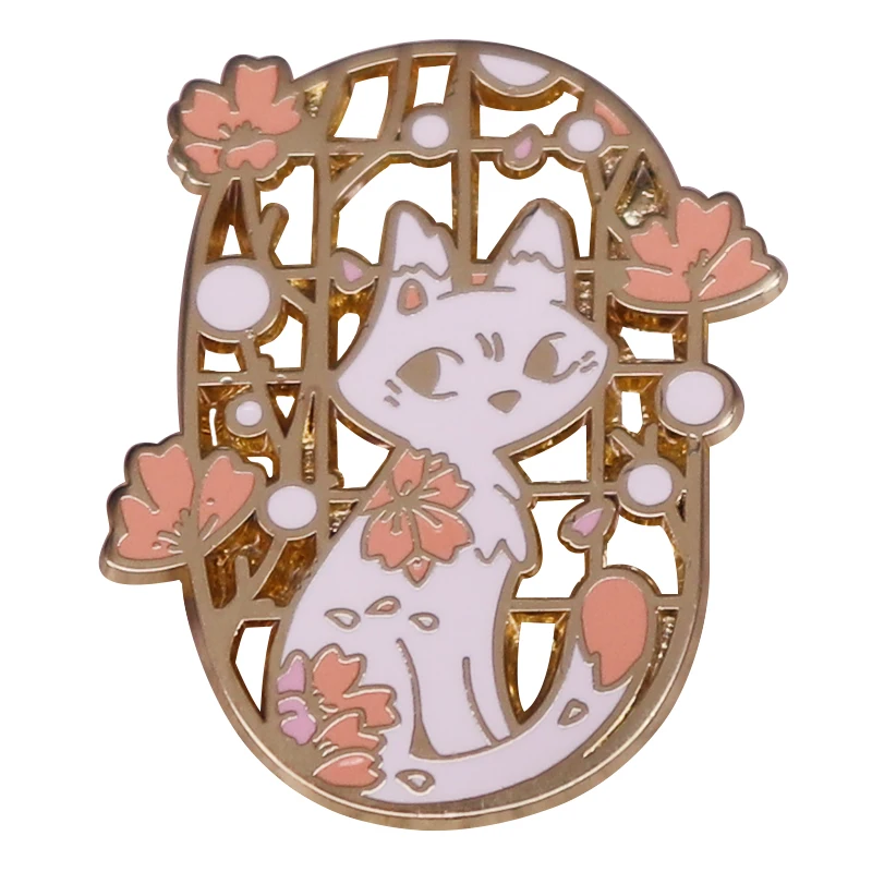Cute White Cat Brooch Cat And Sakura Mashup Badge Fashion Jewelry Accessories