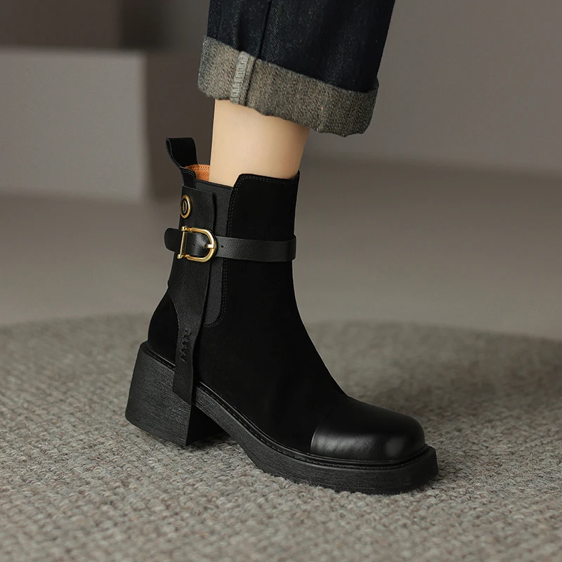 2024 New Winter Genuine Leather Chelsea Boots Women High-heeled Zipper Ankle Short Boot Retro West Cowboy Round Toe Office Shoes