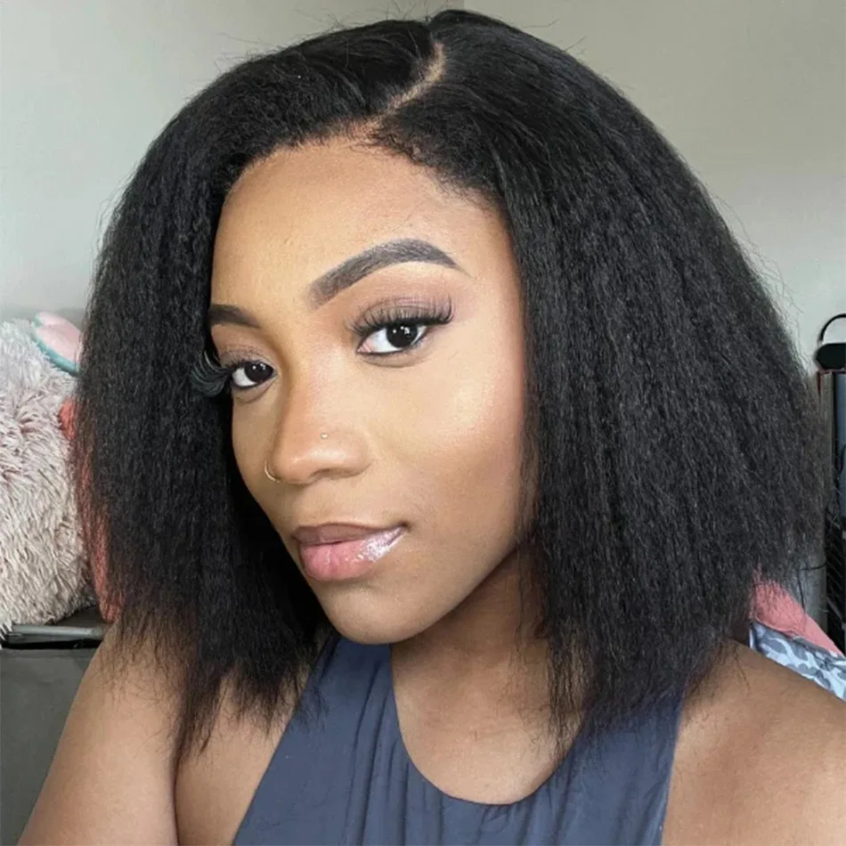 12A Kinky Straight Lace Front Short Bob Wig Yaki Straight Natural Black Human Hair Wigs Pre Plucked Closure Wig Brazilian Hair