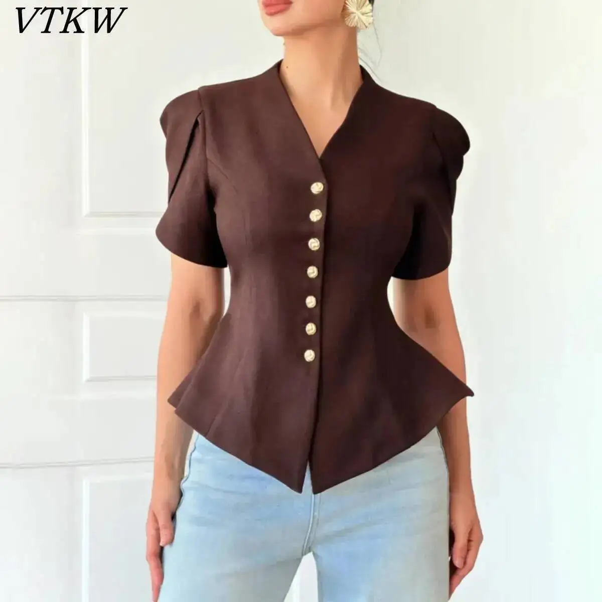 

VTKW 2026 New Women V Neck Peplum Blazer Puff Short Sleeve Gold Button Slim Fit Elegant Office Casual Workwear Jacket