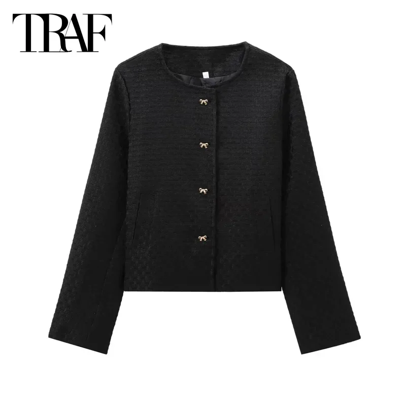 TRAF Women's Jacket Butterfly Black Jacket Autumn Outerwears 2024 Long Sleeve Bow Jacket Coats Ladies Elegant Office Bow Coats