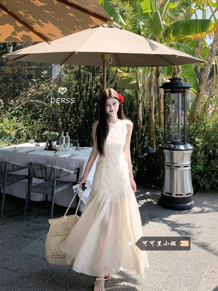 

Summer New Style White Lace Sleeveless round Neck Vest Dress Women's Slimming Long Dress Comfortable Commute Pure Color A-Lin...