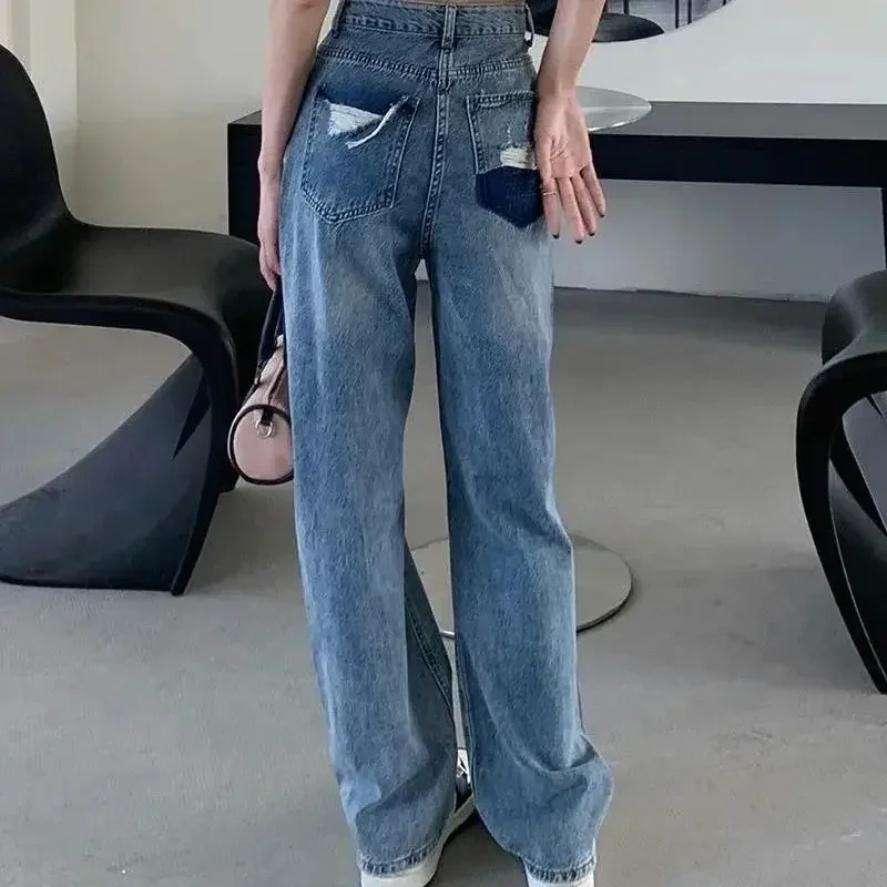 PopPopHigh Waist Wide Leg Denim Jeans Women's Spring Summer New Style Pocket Design Loose Fit Floor-Length Pants Slimming Effect