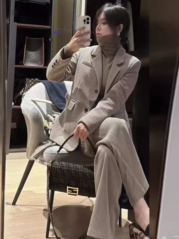 Insozkdg New Women Solid Elegant Blazer Pantsuits Vintage Corduroy Office Business Two Pieces Set Female Formal Trousers Sets