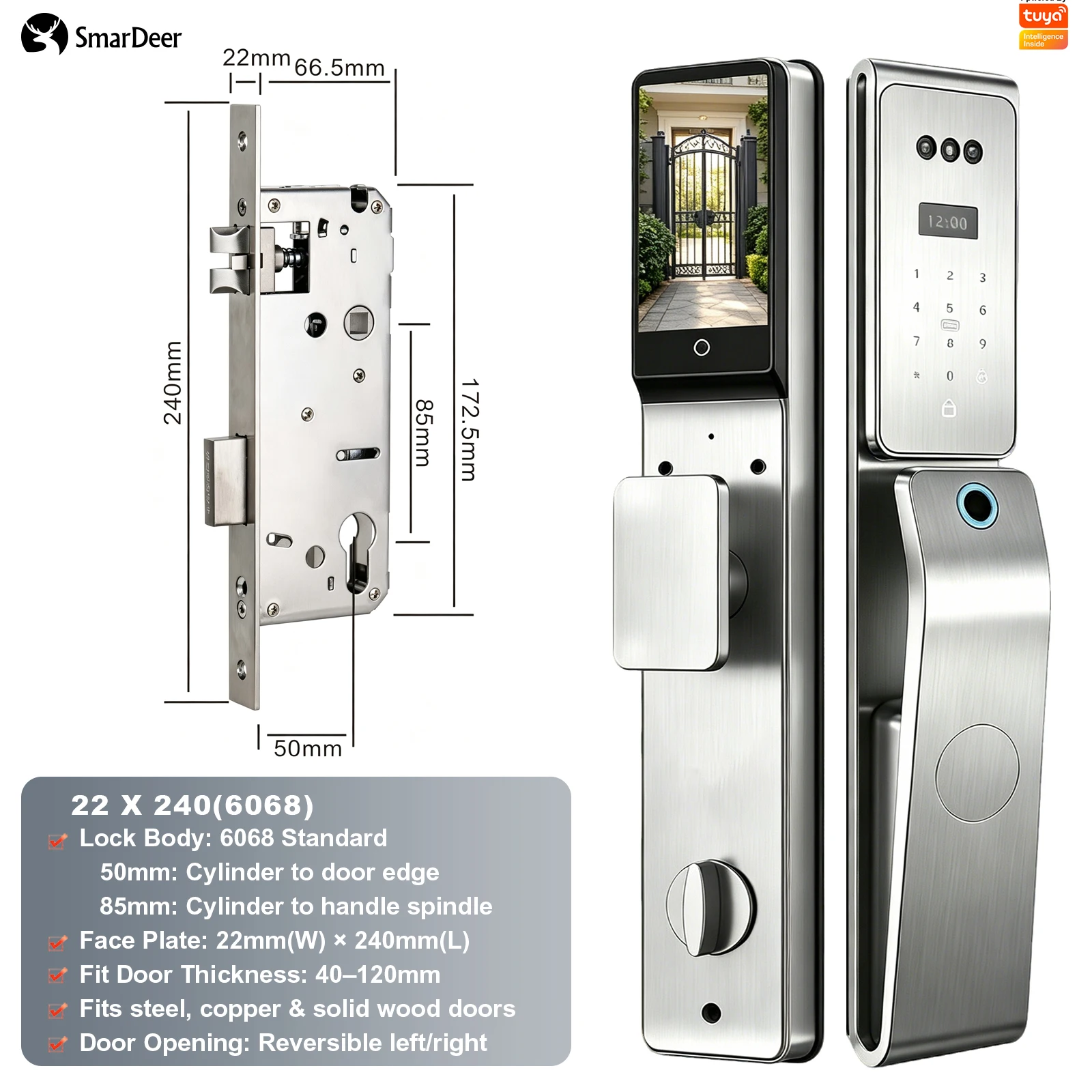 SmarDeer IP66 Outdoor Waterdicht Smart Lock, 3D Gezichts- en Palmaderherkenning Deurslot, Tuya WiFi Keyless Entry Veiligheidsslot