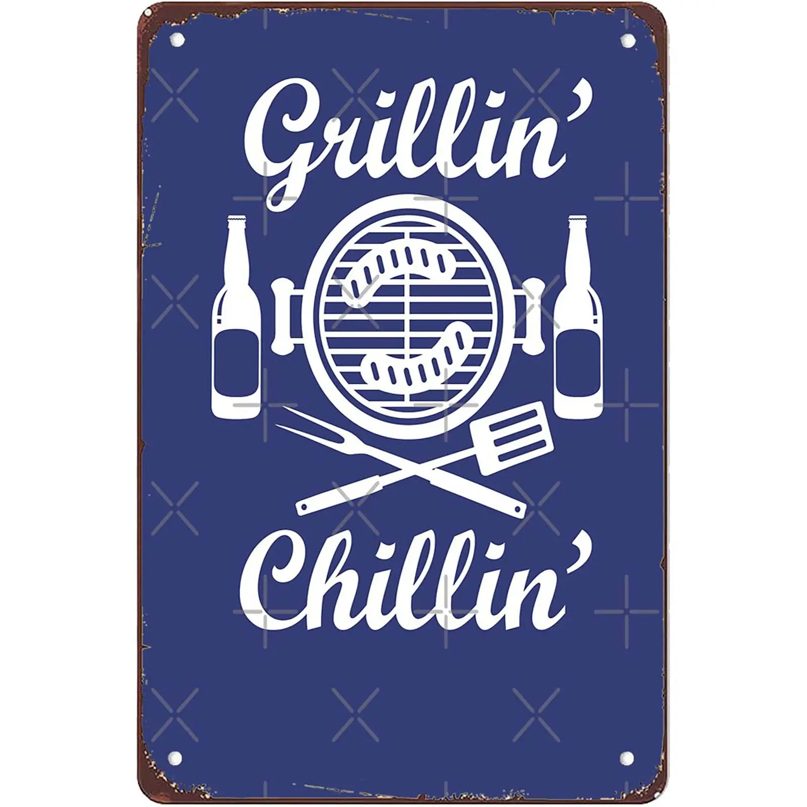 New Vintage Retro Metal Tin Sign Grillin Chillin BBQ and beer drinking Wall Art Farm Garage Man Cave Dining Room Bar Christmas H