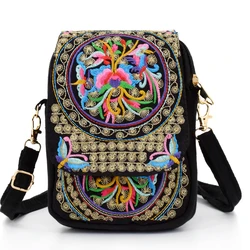 Embroidered Crossbody Phone Bag for Women - Stylish Small Canvas Shoulder Bag with Three Compartments