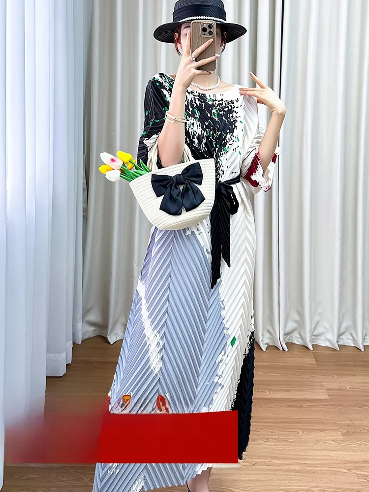 Summer Belted Loose Women's Dress Silk Material Gathered Waist Design Commute Style round Neck High Waist Type Midi Length