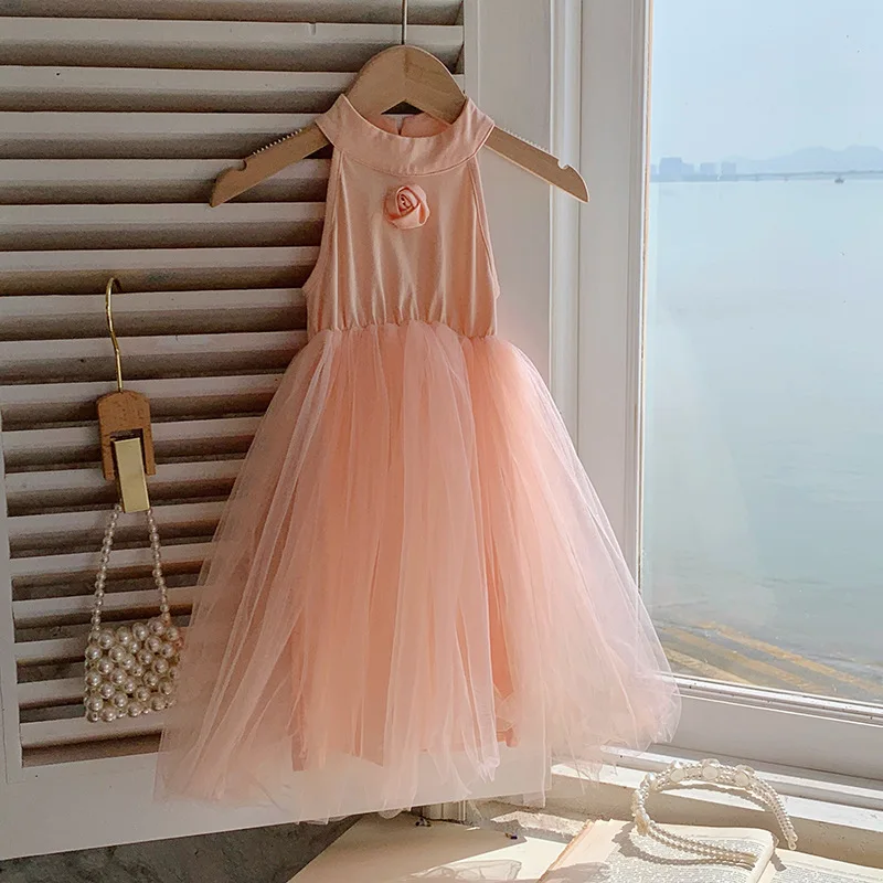 Hanging Neck Rose Girls' Dress 2024 Summer Sleeveless Children's Princess Dress French Style Temperament Fluffy Wedding Dress