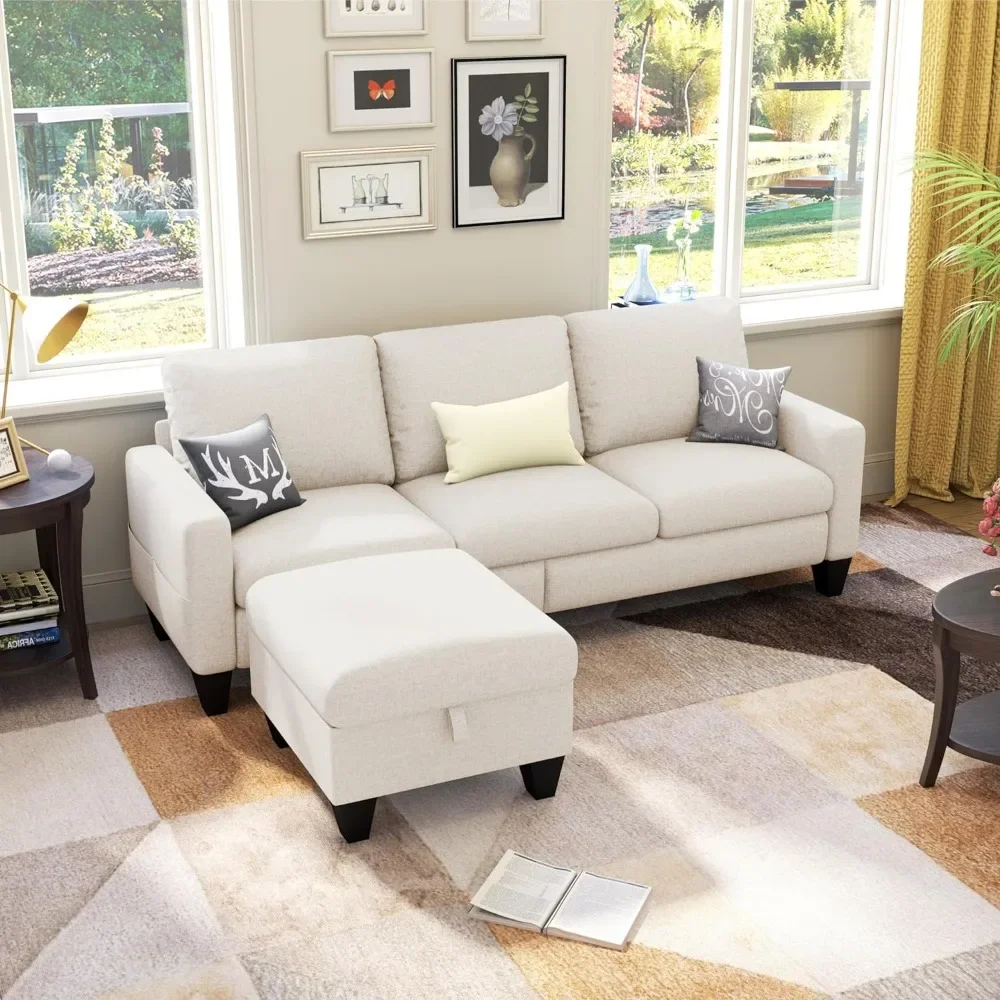 78'' Convertible Sectional Sofa Couch, Beige 3 Seat L-Shaped Couch with Storage Ottoman, Modern Linen Fabric Couches