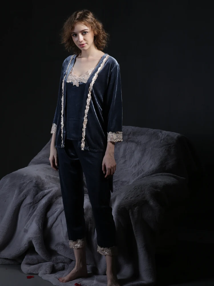 

Yanman Brand Women's All - Season Velveteen 3 - Piece Pajama Set: Short Robe, Spaghetti Strap Camisole & Pajama Pants with Lace