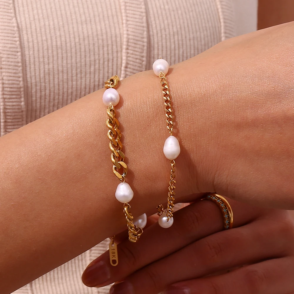 2023 New Elegant Ladies Freshwater Pearl Stainless Steel Cuban Chain Bracelets Bangles Chunky Water Resistant Pearl Bracelet