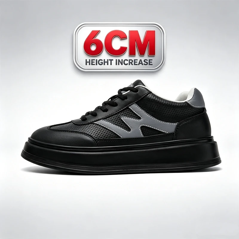 Chaussures décontractées rehaussantes pour hommes, invisibles, 6 cm, à lacets, en cuir perforé respirant, antidérapantes