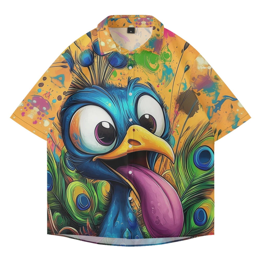 Summer casual oversized short sleeved shirt with peacock print, loose fit, comfortable Hawaiian beach trend, single breasted