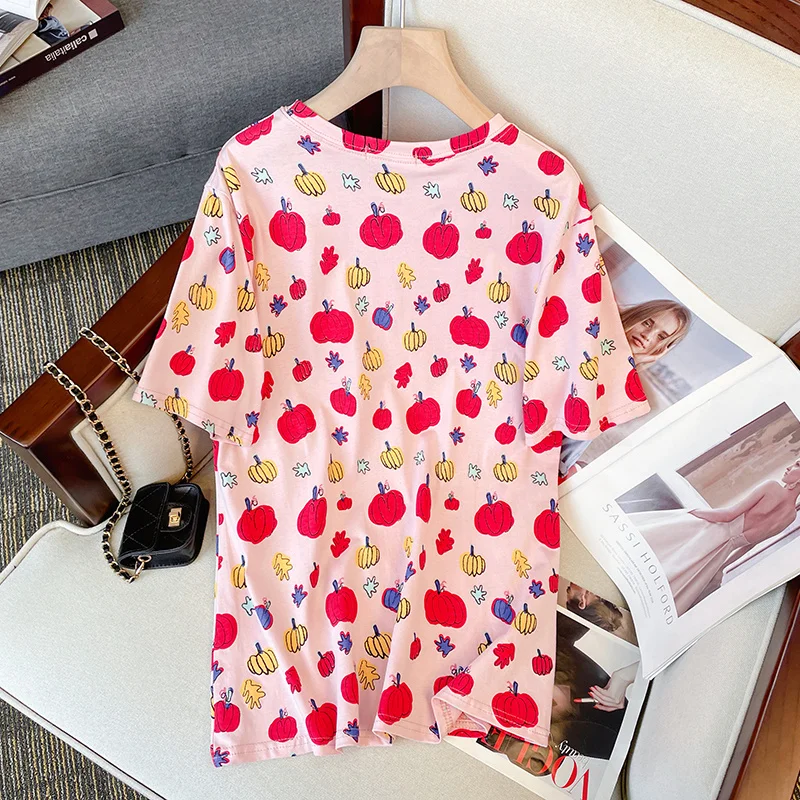 L-4XL Large Size Cotton Basic T-shirt Women Summer Short-sleeve Fruit Printed Loose Tops Female Oversize Round Neck Retro Tshirt