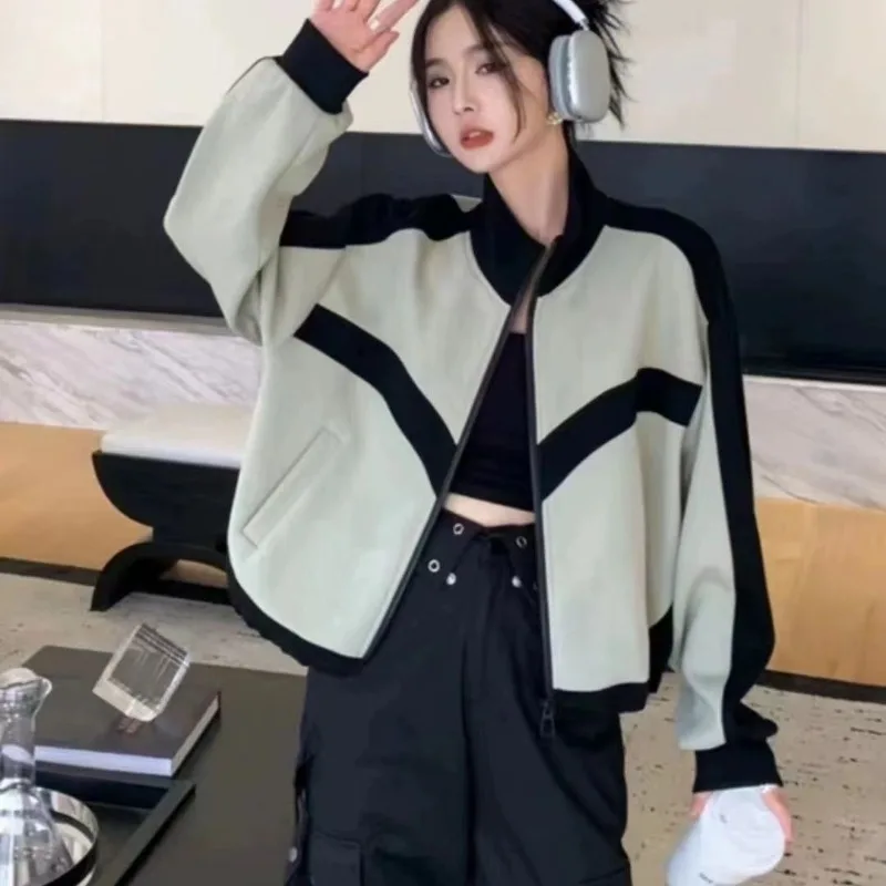 

Women's Clothing Zipper Cardigan with Pockets Round Neck Lantern Long Sleeves Contrasting Color Fashionable Casual Jacket Tops