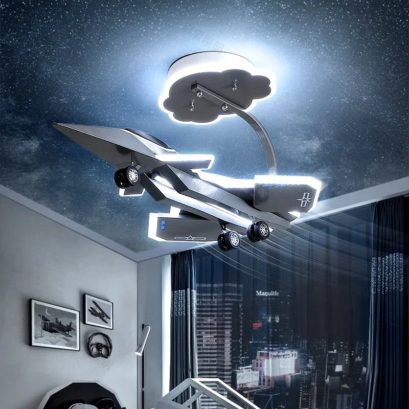 led bladeless ceiling fan lights in the children's room, modern model airplane cartoon fan lamps with remote control