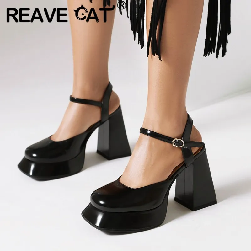 REAVE CAT Design Women Pumps Round Toe Block High Heels 10.5cm Platform 3cm Buckel Strap Sweet Girls Daily Shoes Size 42 43