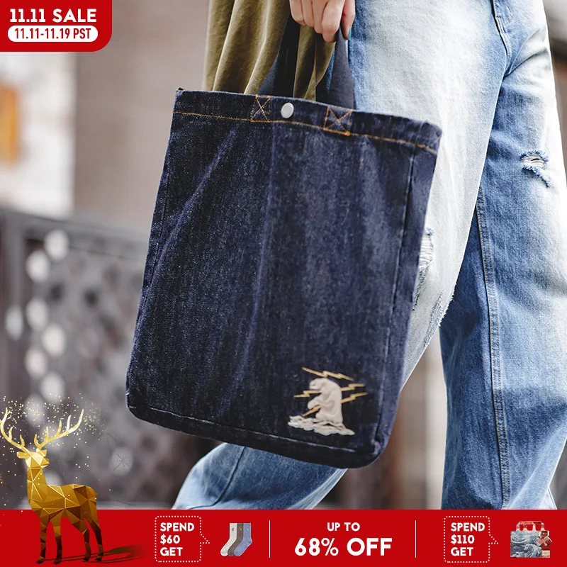 

Maden Women's Retro 14oz Denim Shoulder Crossbody Bag Denim Embroidery Large Capacity Portable Flat Tote Bag for Daily Outfits