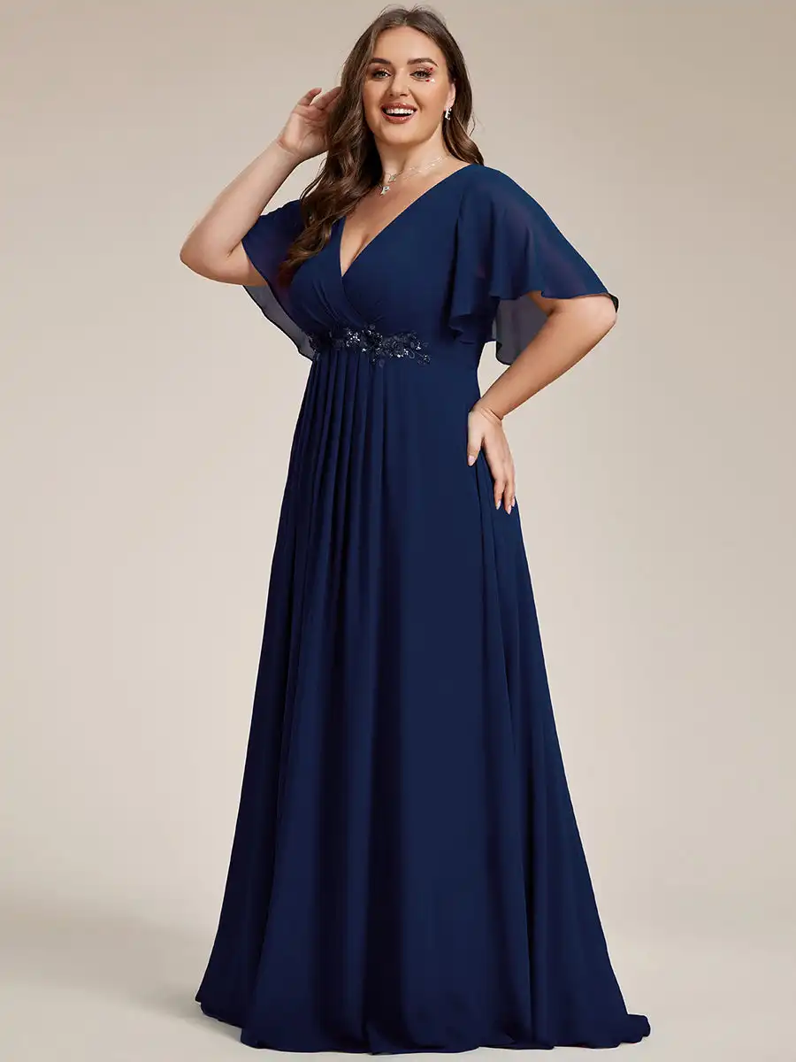 Vestido de noche de talla grande con cuello en V, apliques plisados hasta el suelo, vestido de dama de honor azul marino con apliques de encaje 2025