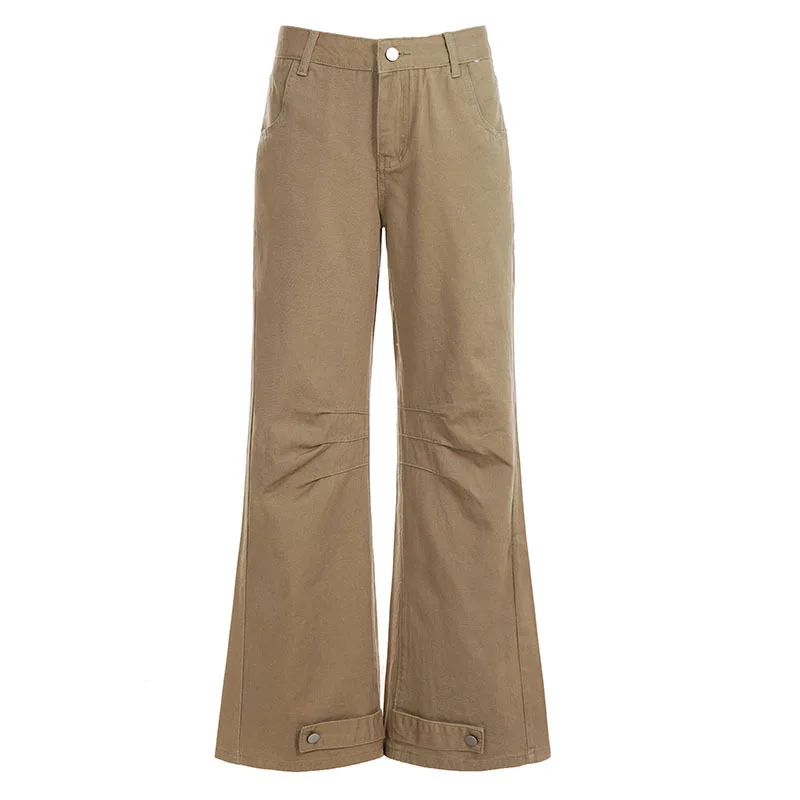 กางเกงยีนส์ทรงวินเทจลำลองเอวต่ำทรงหลวมกระชับสัดส่วนสไตล์สาวเปรี้ยวขากว้างสำหรับผู้หญิง