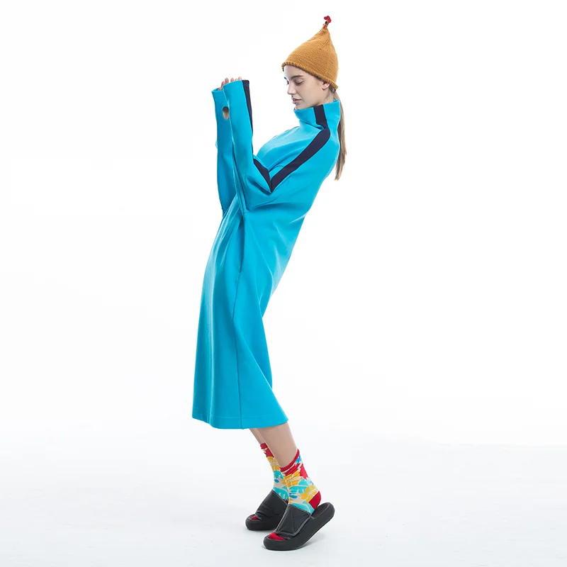 

Original Design High Ne Loose Long Dr Blue Inner Wear Personali Dr Spring New Sle Cotton Knitted Pure Color Commute