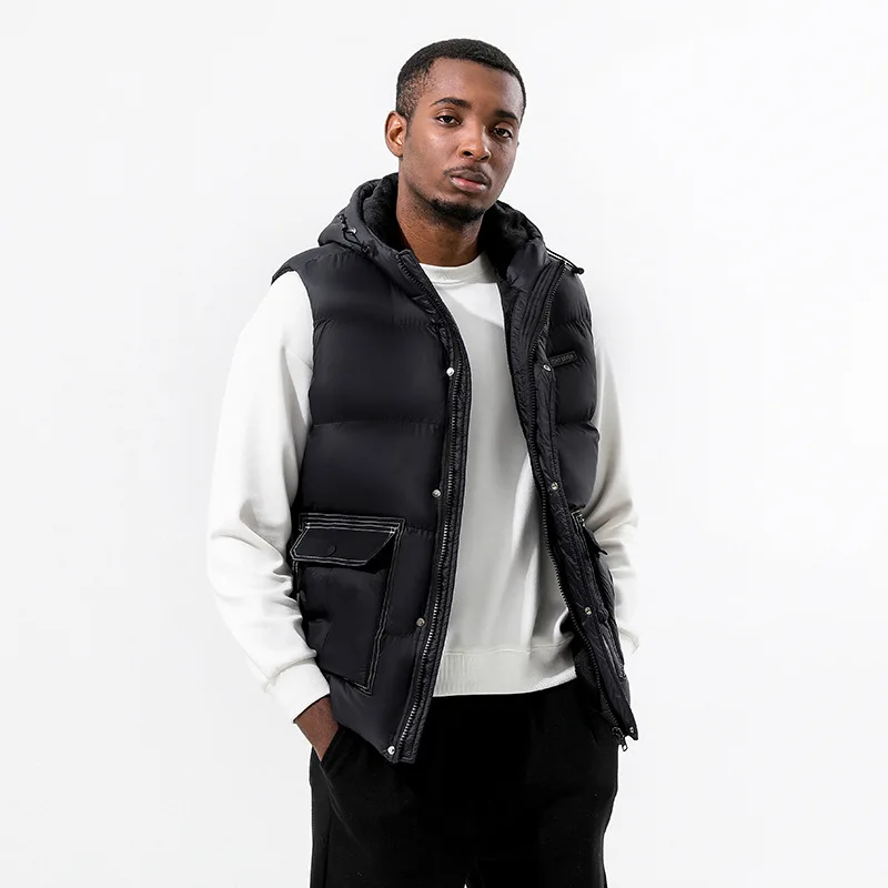 

Plus Size Hooded Men's Winter Puffer Vest, Cotton-padded Thickened Mans Quilted Jackets, Flap Pockets Causal Coat