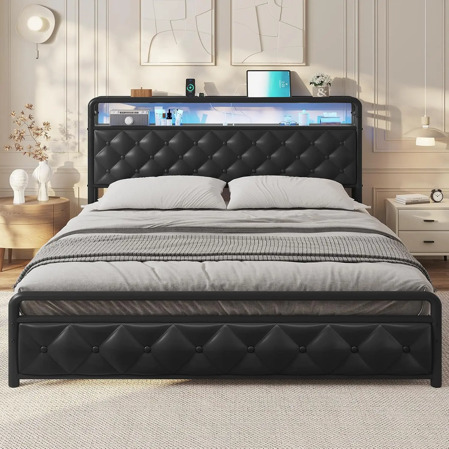 Queen Size Bed Frame w/Built-in LED Light Headboard, USB Ports & Outlets, Faux Leather Upholstered w/Diamonds Tufting Design