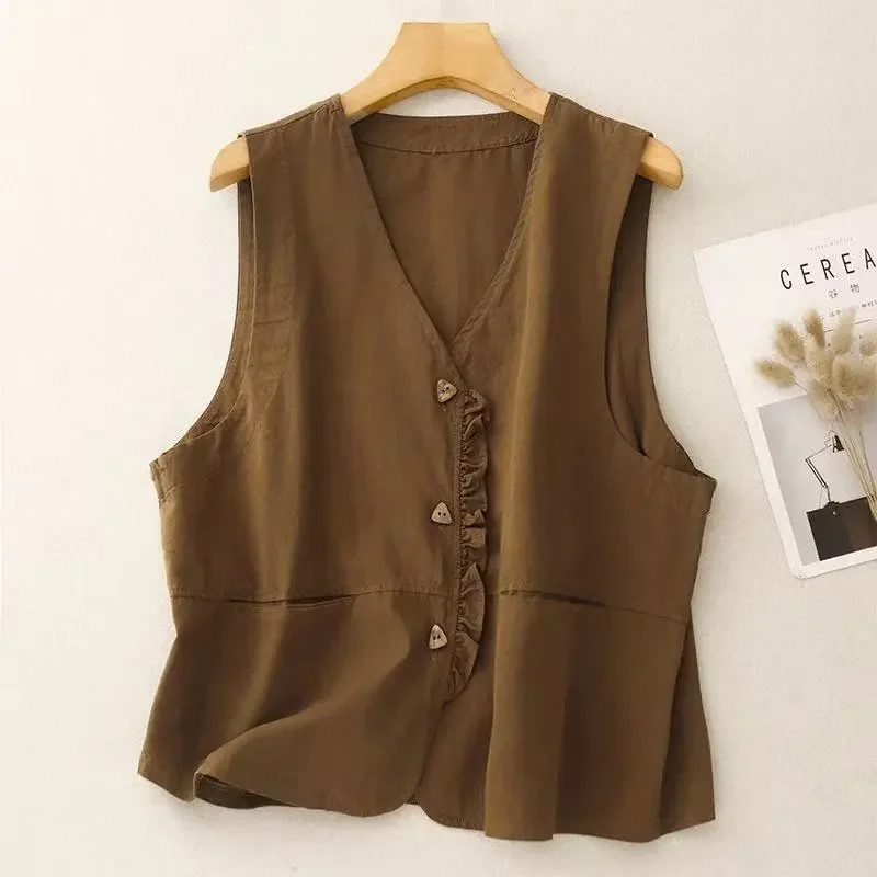

New Women's Spliced V-neck Button Pocket Versatile Sleeveless Loose Casual Waistcoat Top