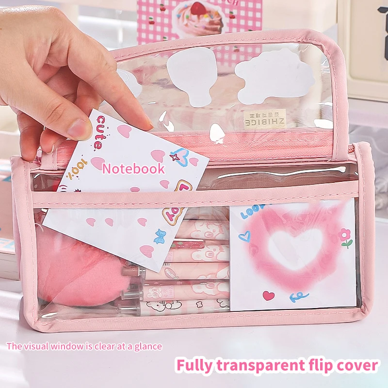 Simple Cute Pencil Case Large Capacity Multilayer Stationery Organizer Transparent Partition Pen Bag School Supplies Gifts